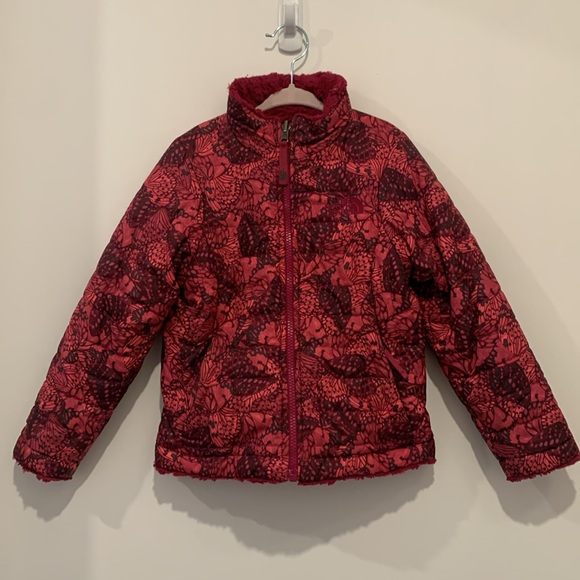 Girls The North Face reversible jacket, dark pink fur/pink butterflies. XXS/ 5. - Picture 1 of 8